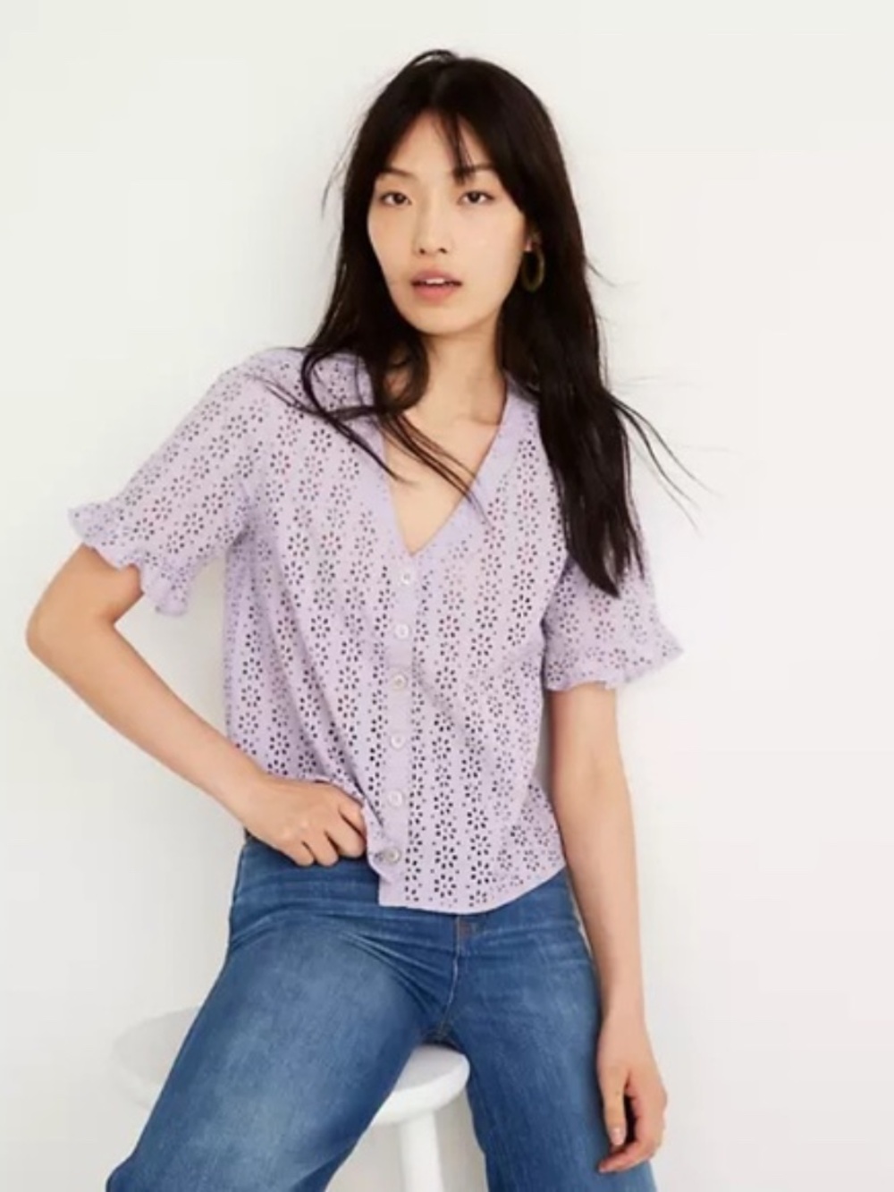 Madewell Eyelet V-Neck Blouse in Lavender Cotton Medium
